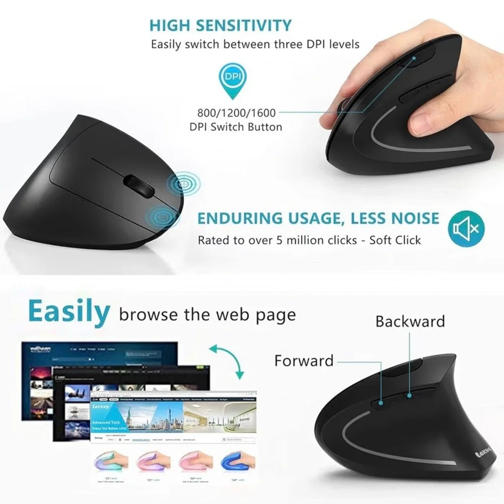 Levkey Vertical Black Ergonomic Rechargeable Wireless Mouse (A171)